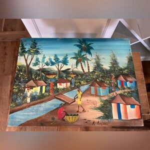 Oil Painting Haitian village signed vintage